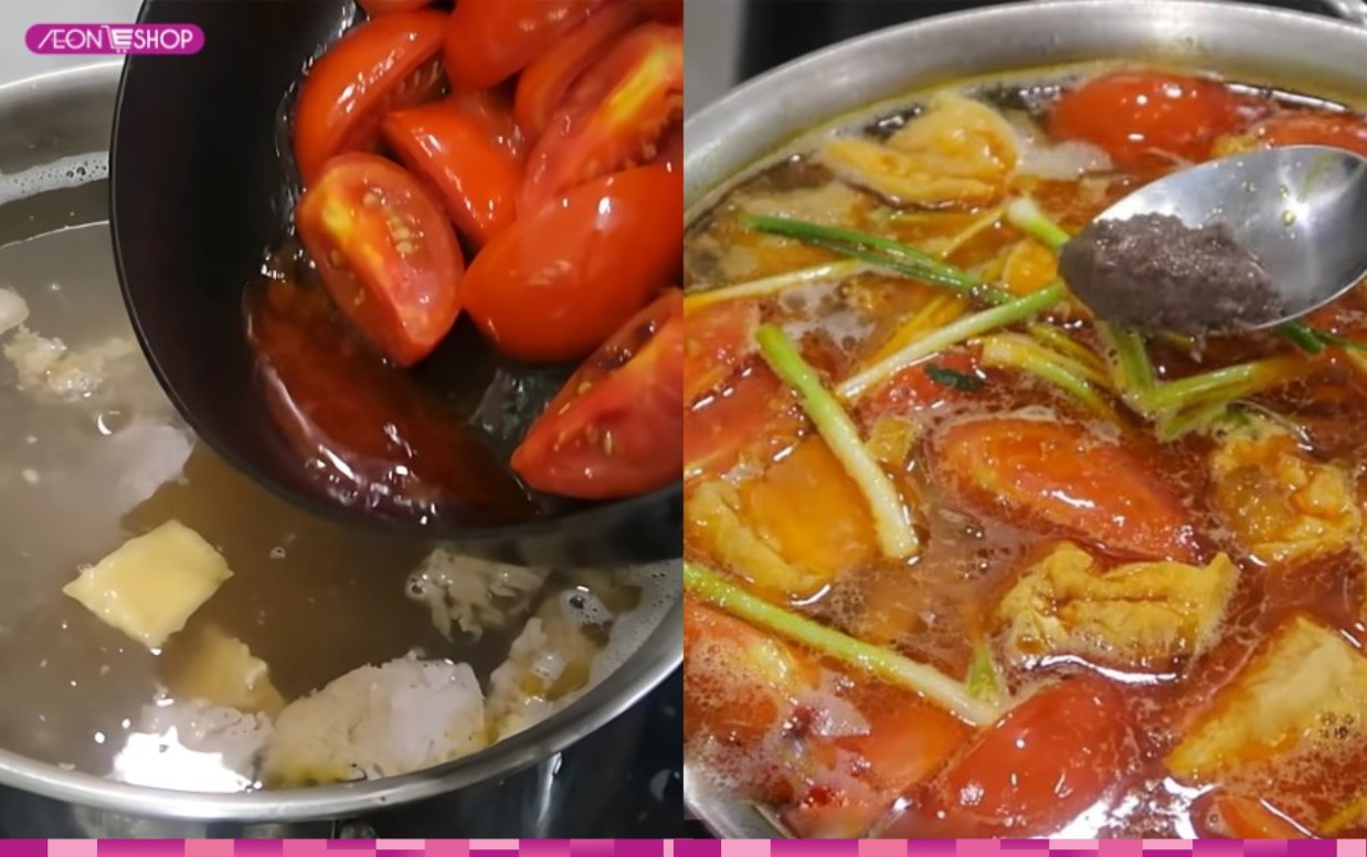 Làm nước dùng món bún riêu cua đồng