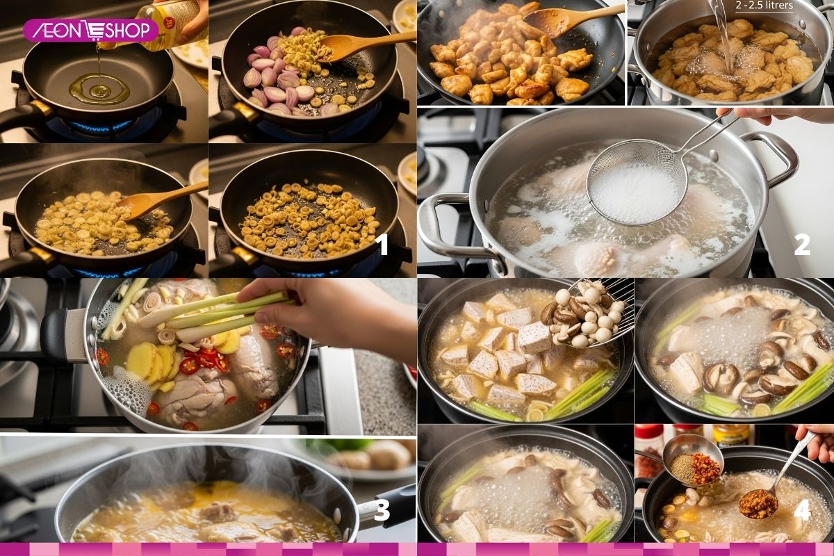 Nấu nước dùng lẩu gà hầm sả