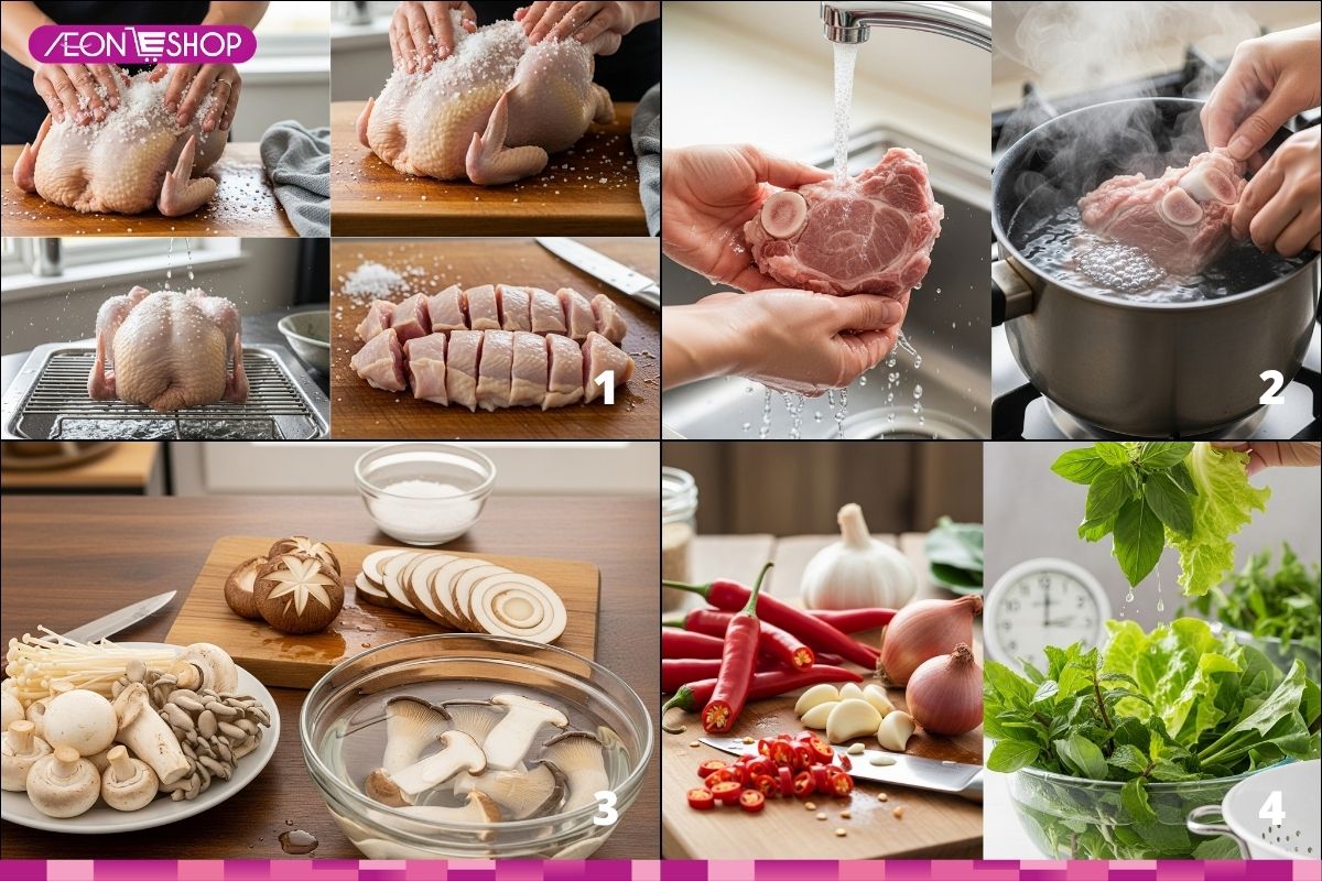 Sơ chế nguyên liệu nấu lẩu gà nấm